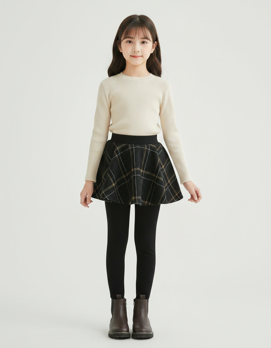 Pantalon Jupe Écossais Noir Plissé Velours Doux - Maille