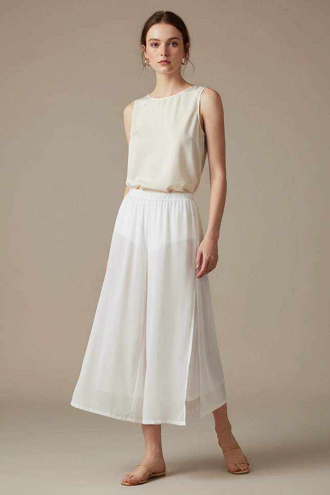 Pantalon Jupe Blanc Fluide Ample Fendu Léger Élégant - Soie