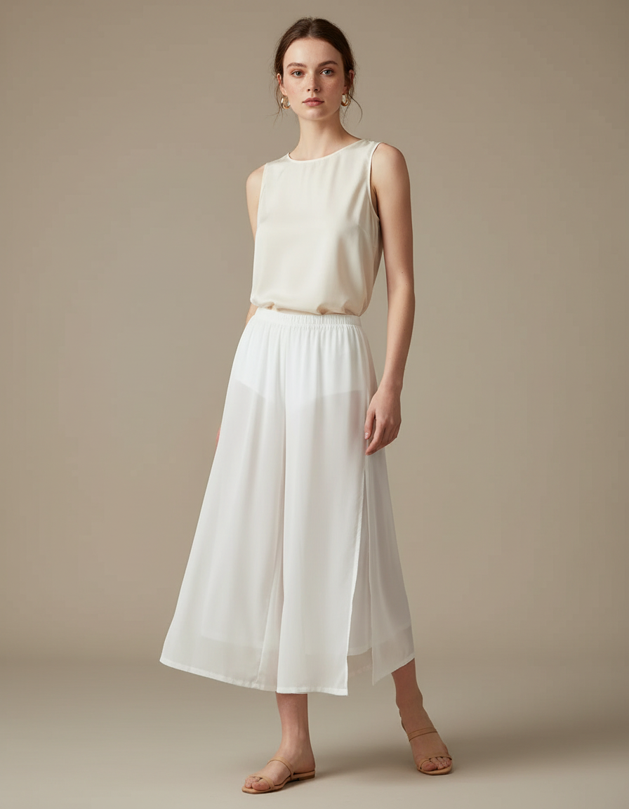 Pantalon Jupe Blanc Fluide Ample Fendu Léger Élégant - Soie