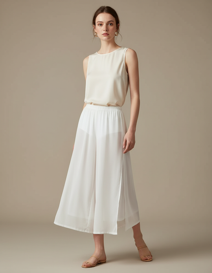 Pantalon Jupe Blanc Fluide Ample Fendu Léger Élégant - Soie