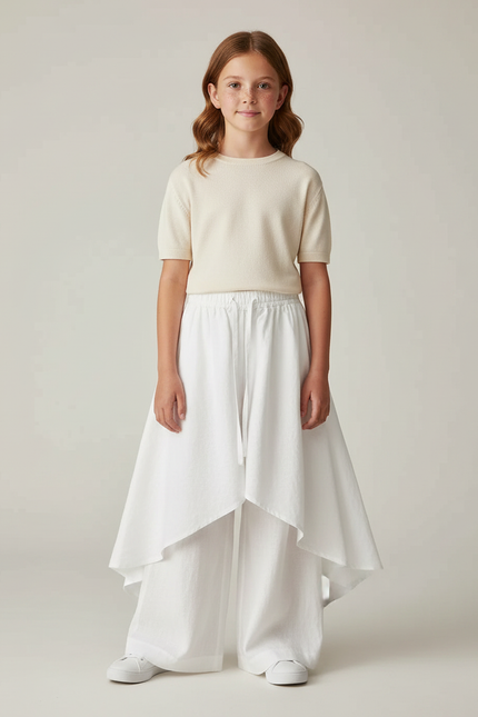 Pantalon Jupe Blanc Lin Ample Superposé Fille