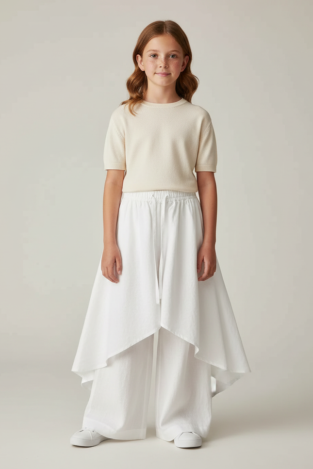 Pantalon Jupe Blanc Lin Ample Superposé Fille