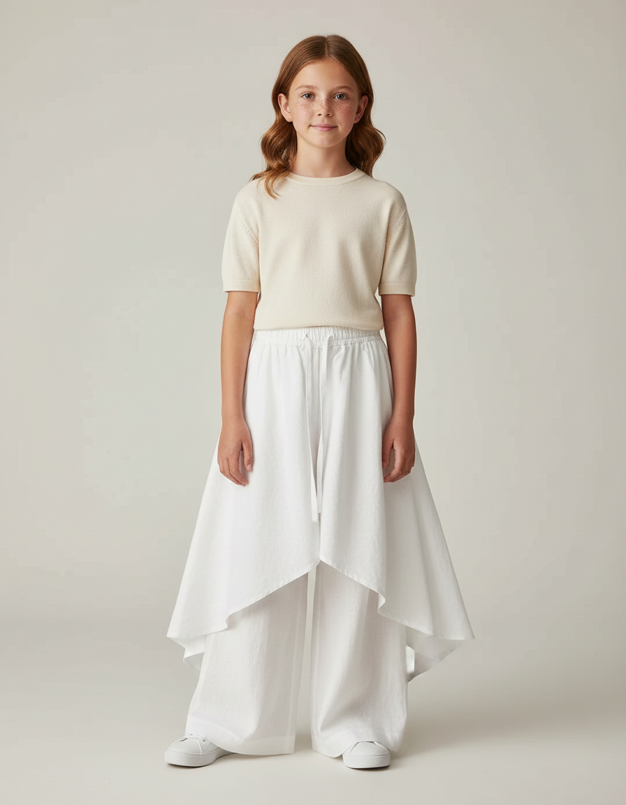 Pantalon Jupe Blanc Lin Ample Superposé Fille