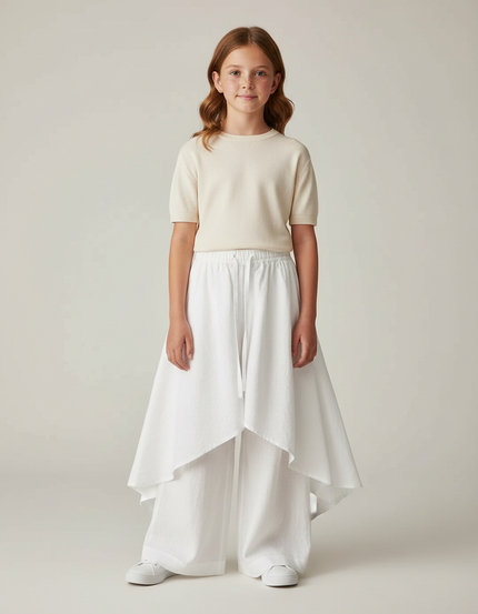 Pantalon Jupe Blanc Lin Ample Superposé Fille