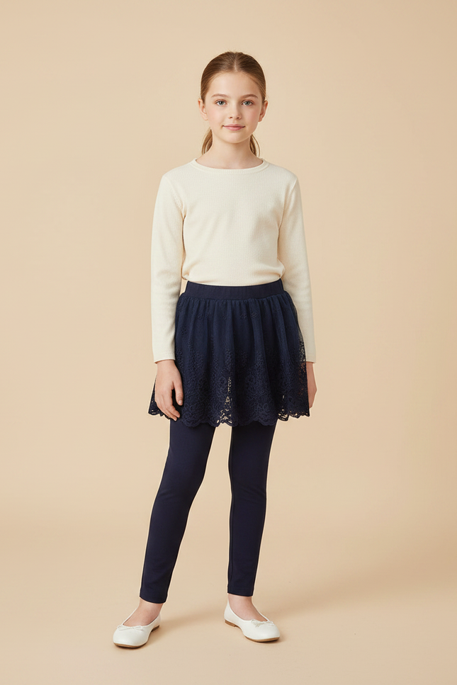 Pantalon Jupe Marine Dentelle Superposée Confortable Fille - Polyester