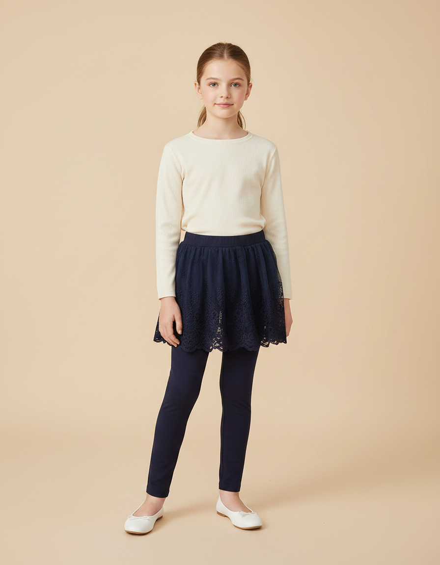Pantalon Jupe Marine Dentelle Superposée Confortable Fille - Polyester
