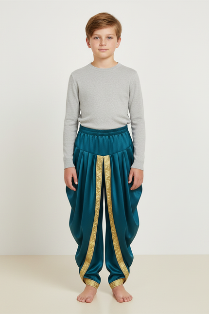 Pantalon Jupe Vert Sarcelle Satiné Drapé Doré Enfant