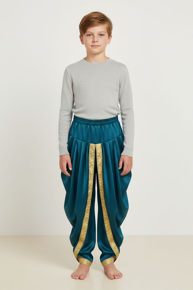 Pantalon Jupe Vert Sarcelle Satiné Drapé Doré Enfant