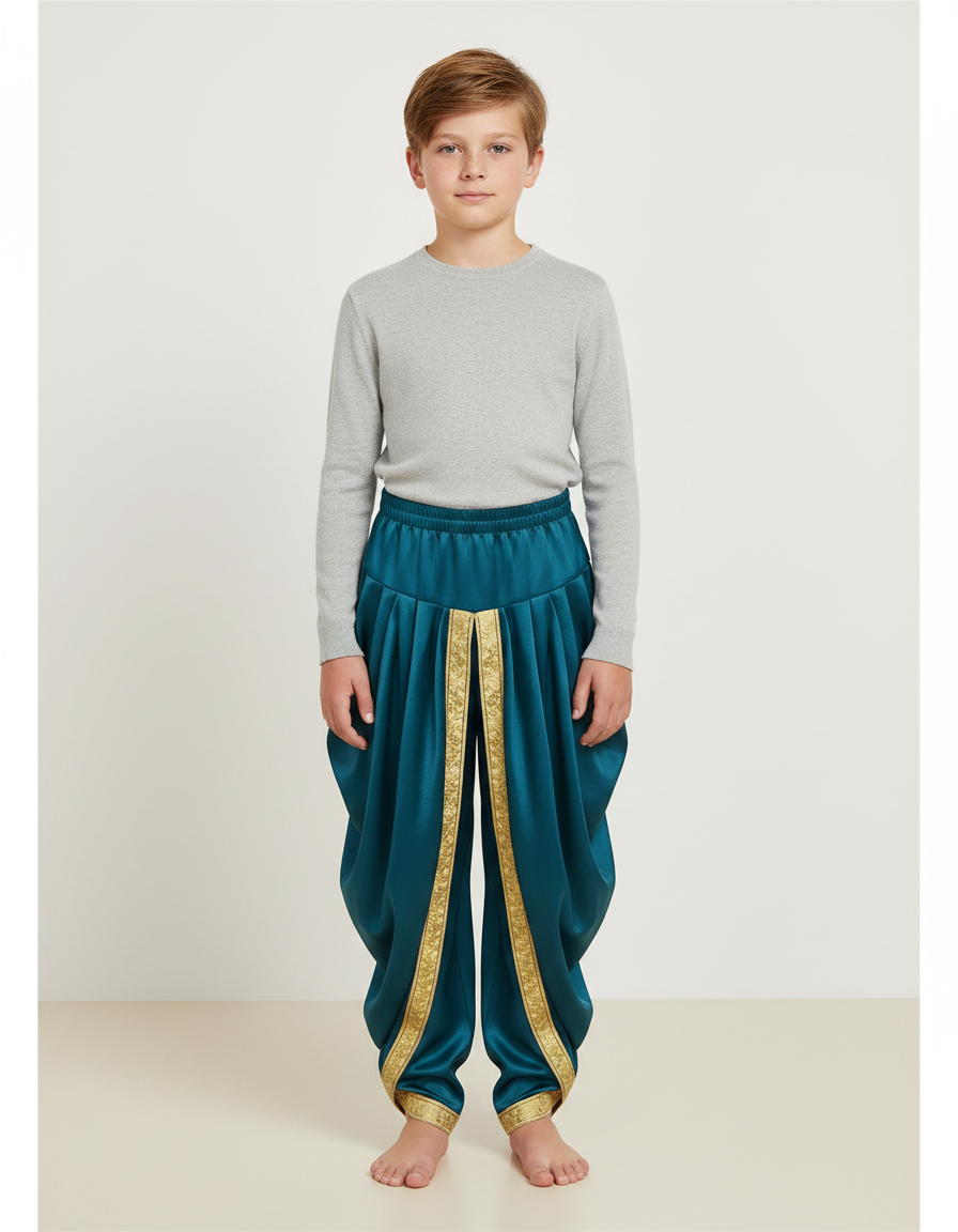 Pantalon Jupe Vert Sarcelle Satiné Drapé Doré Enfant