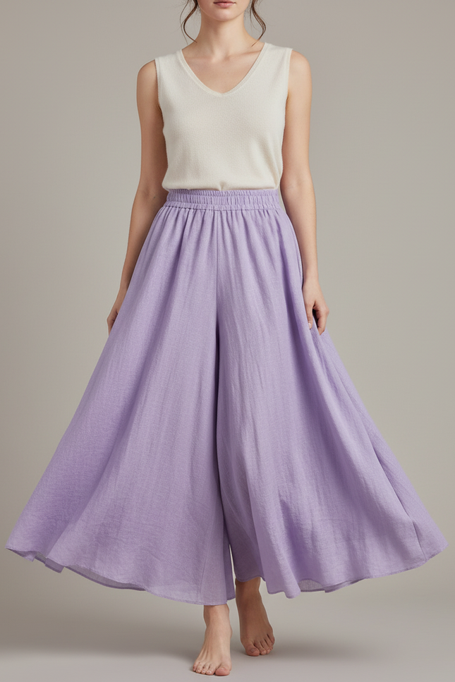 Pantalon Jupe Ample Lin Violet Fluide Femme