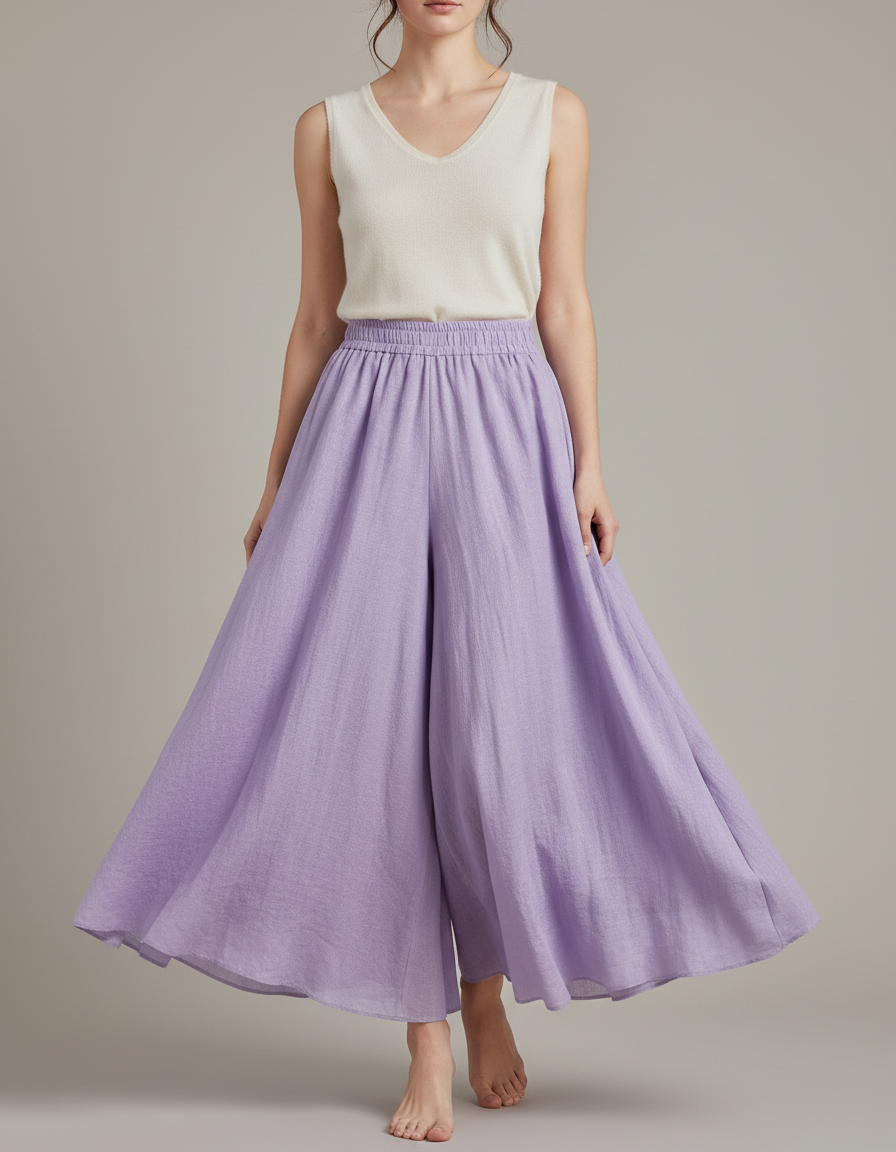 Pantalon Jupe Ample Lin Violet Fluide Femme
