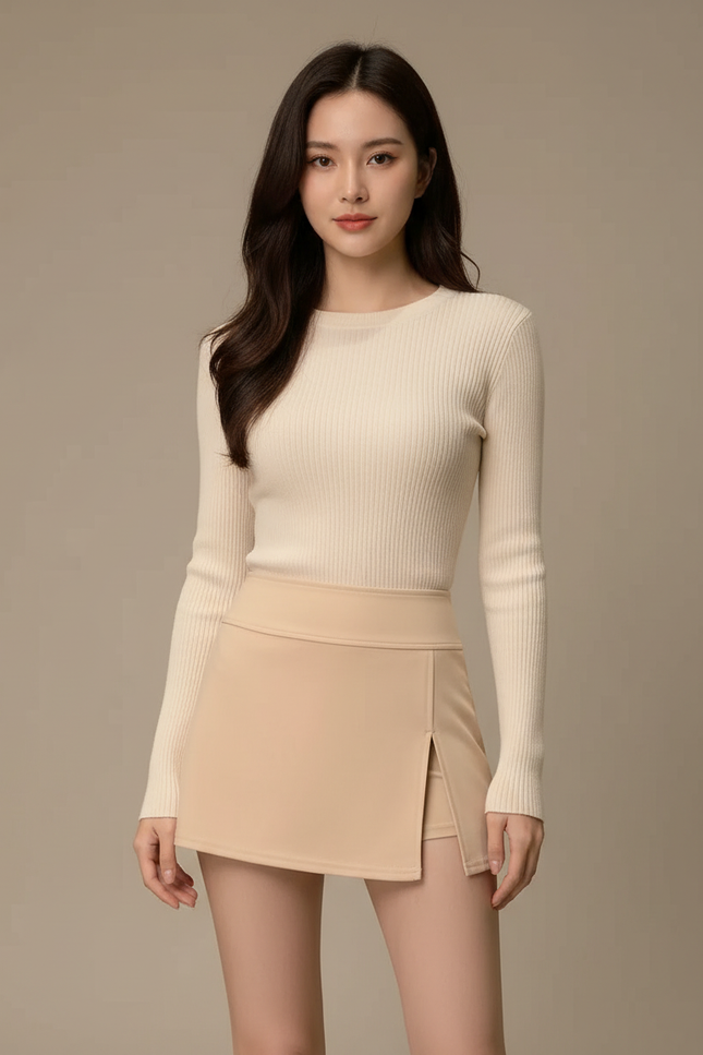 Pantalon Jupe Beige Court Fendu Élégant Intégré - Polyester