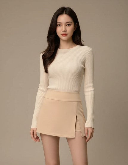 Pantalon Jupe Beige Court Fendu Élégant Intégré - Polyester