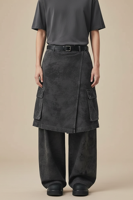 Pantalon Jupe Cargo Gris Déstructuré Ample Décontracté - Jean