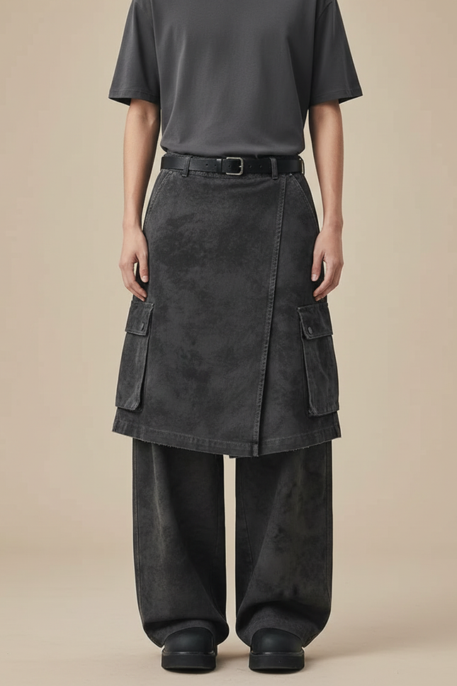Pantalon Jupe Cargo Gris Déstructuré Ample Décontracté - Jean