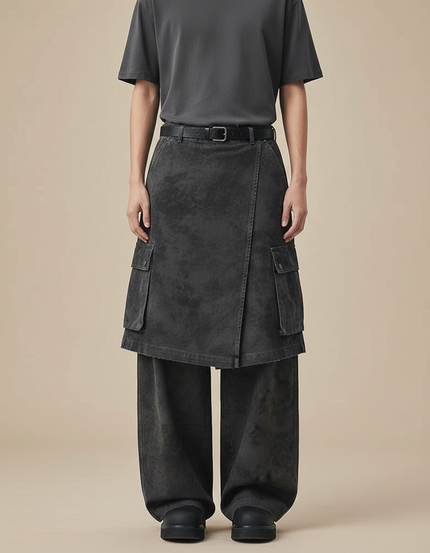 Pantalon Jupe Cargo Gris Déstructuré Ample Décontracté - Jean