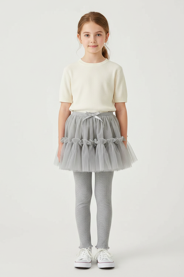 Pantalon Jupe Gris Tulle Plissé Intégré Confortable - Maille