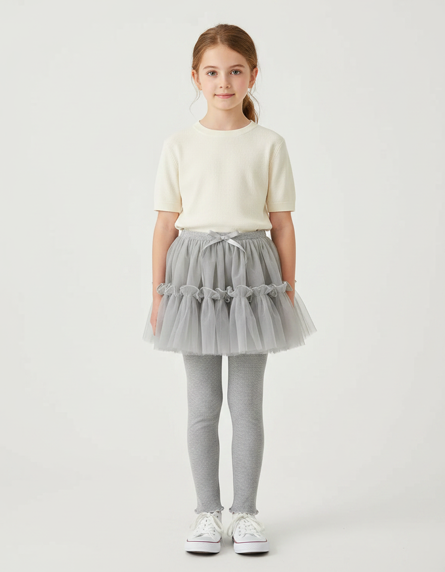 Pantalon Jupe Gris Tulle Plissé Intégré Confortable - Maille