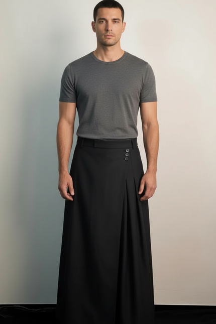 Pantalon Jupe Homme Noir Plissé Ample Moderne - Polyester