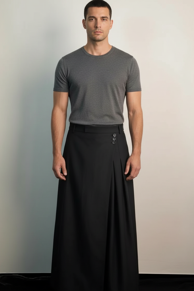 Pantalon Jupe Homme Noir Plissé Ample Moderne - Polyester