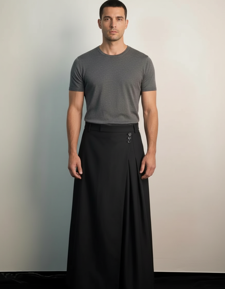 Pantalon Jupe Homme Noir Plissé Ample Moderne - Polyester