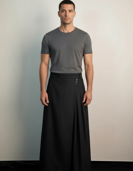 Pantalon Jupe Homme Noir Plissé Ample Moderne - Polyester