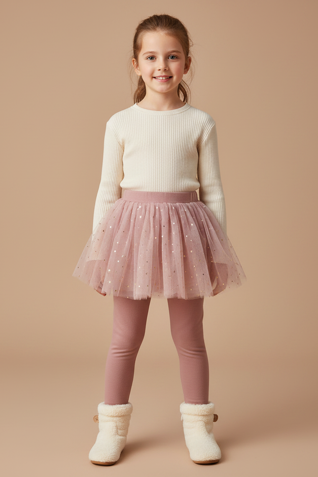 Pantalon Jupe Rose Pailleté Fille Intégré Confortable - Molleton