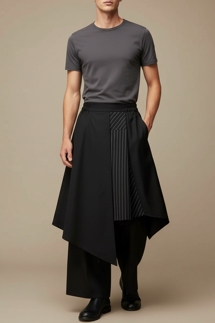 Pantalon Jupe Noir Asymétrique Rayé Ample Homme - Polyester