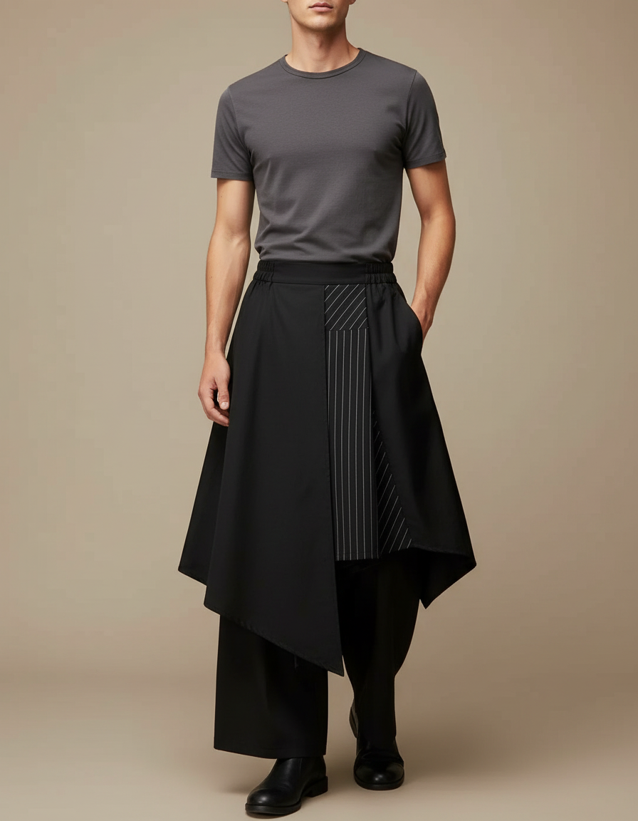 Pantalon Jupe Noir Asymétrique Rayé Ample Homme - Polyester