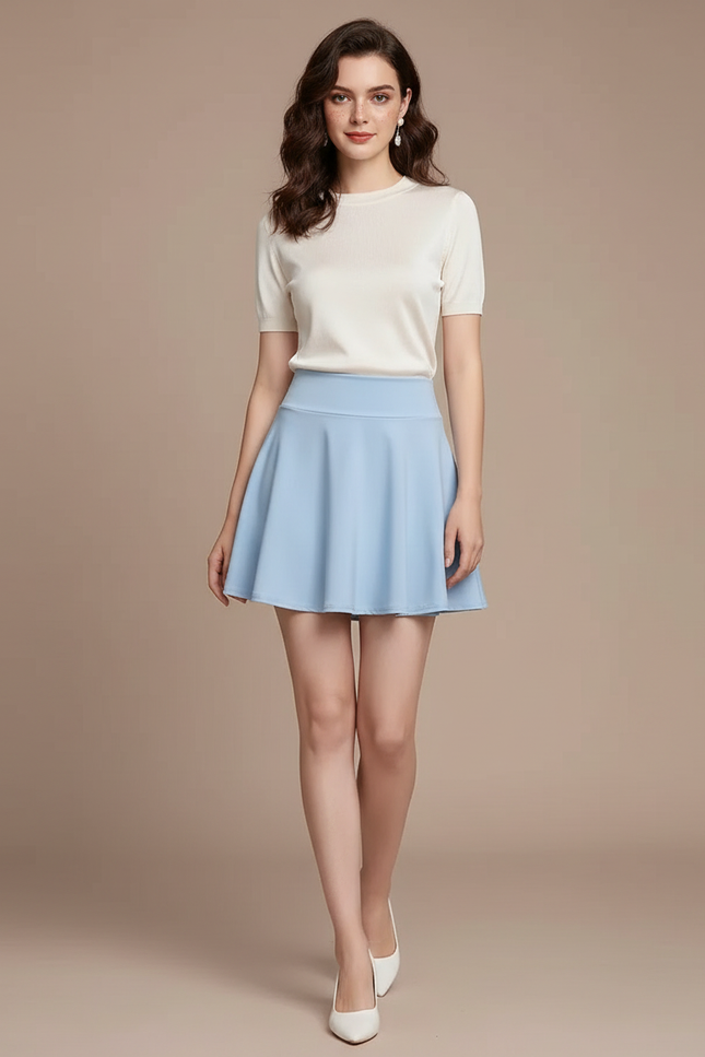 Pantalon Jupe Bleu Ciel Évasé Court Fluide Femme - Polyester