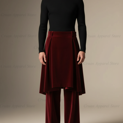 Pantalon Jupe Velours Bordeaux Fluide Élégant Superposé