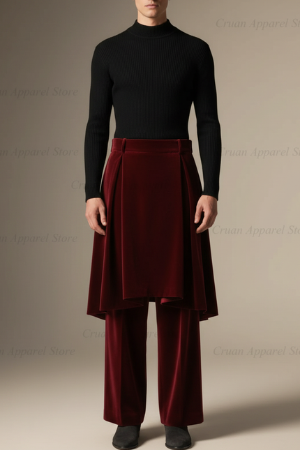 Pantalon Jupe Velours Bordeaux Fluide Élégant Superposé