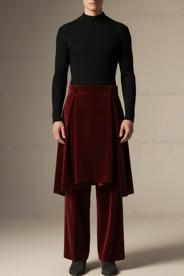 Pantalon Jupe Velours Bordeaux Fluide Élégant Superposé