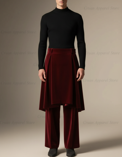 Pantalon Jupe Velours Bordeaux Fluide Élégant Superposé