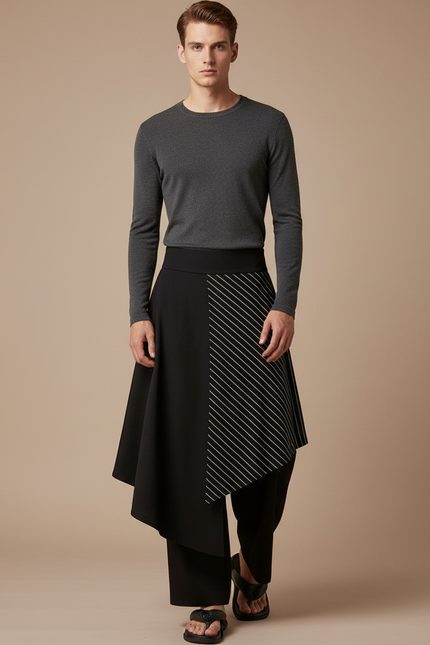 Pantalon Jupe Noir Asymétrique Rayures Fluide Moderne - Viscose