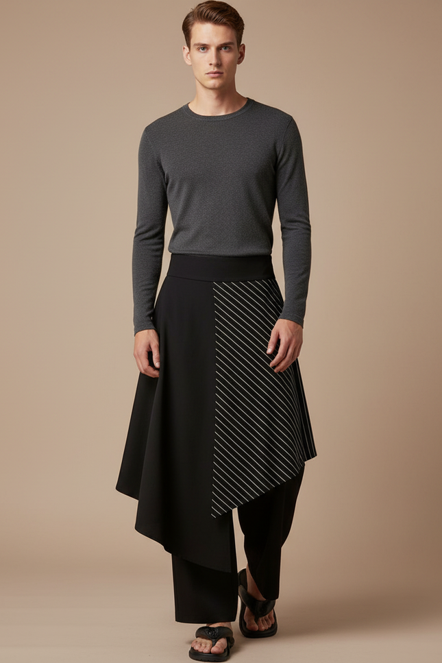 Pantalon Jupe Noir Asymétrique Rayures Fluide Moderne - Viscose