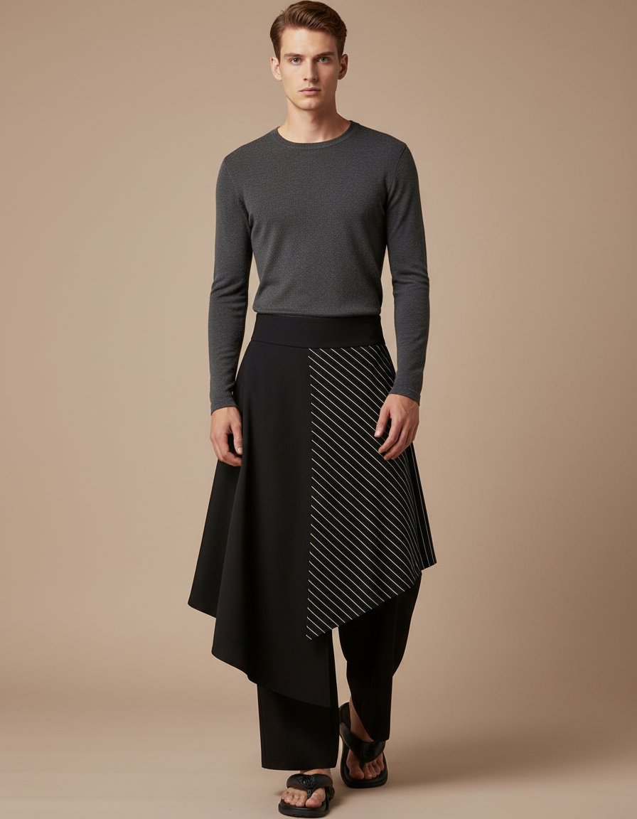 Pantalon Jupe Noir Asymétrique Rayures Fluide Moderne - Viscose
