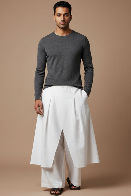 Pantalon Jupe Blanc Plissé Ample Décontracté Homme - Coton