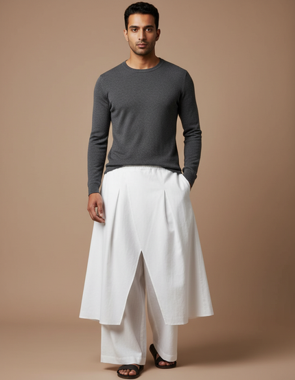 Pantalon Jupe Blanc Plissé Ample Décontracté Homme - Coton