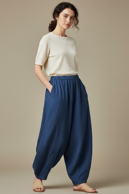 Pantalon Jupe Bleu Coton Lin Ample Élégant Fluide
