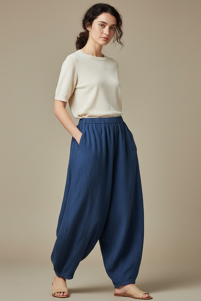Pantalon Jupe Bleu Coton Lin Ample Élégant Fluide