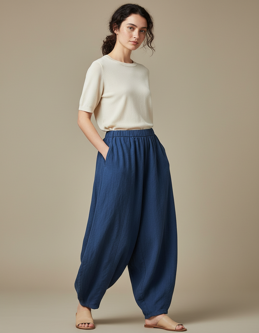 Pantalon Jupe Bleu Coton Lin Ample Élégant Fluide