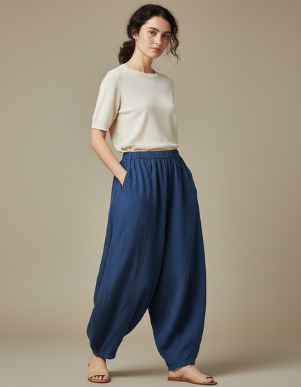Pantalon Jupe Bleu Coton Lin Ample Élégant Fluide