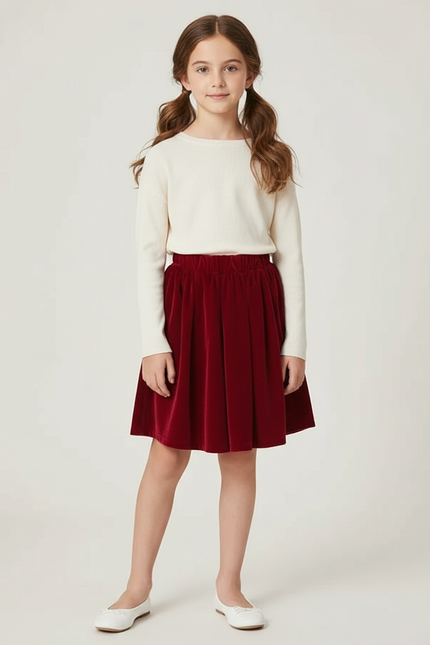Pantalon Jupe Rouge Velours Plissé Fille Élégant - Bordeaux