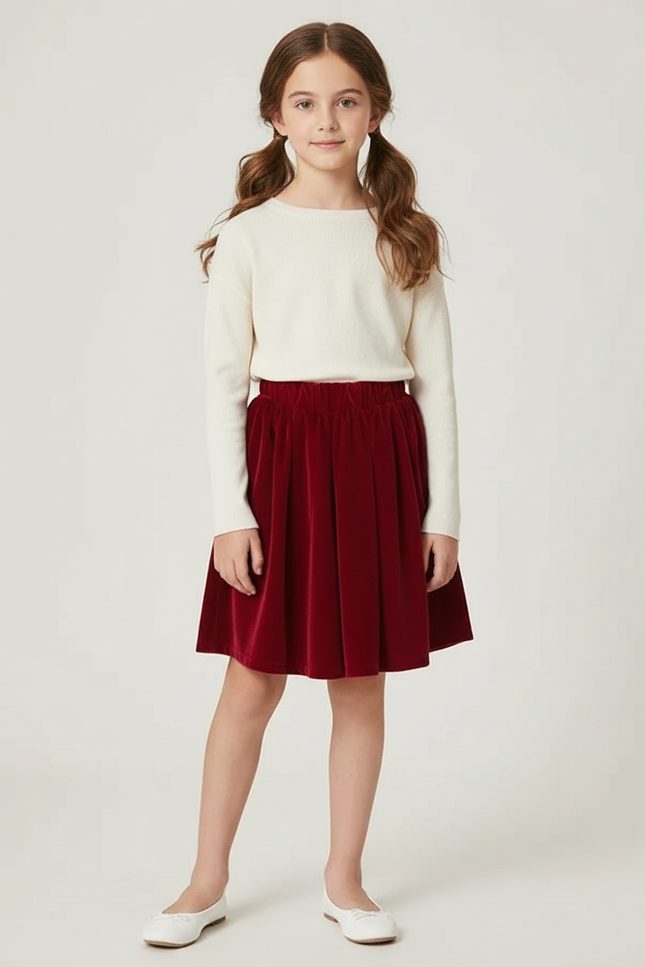 Pantalon Jupe Rouge Velours Plissé Fille Élégant - Bordeaux
