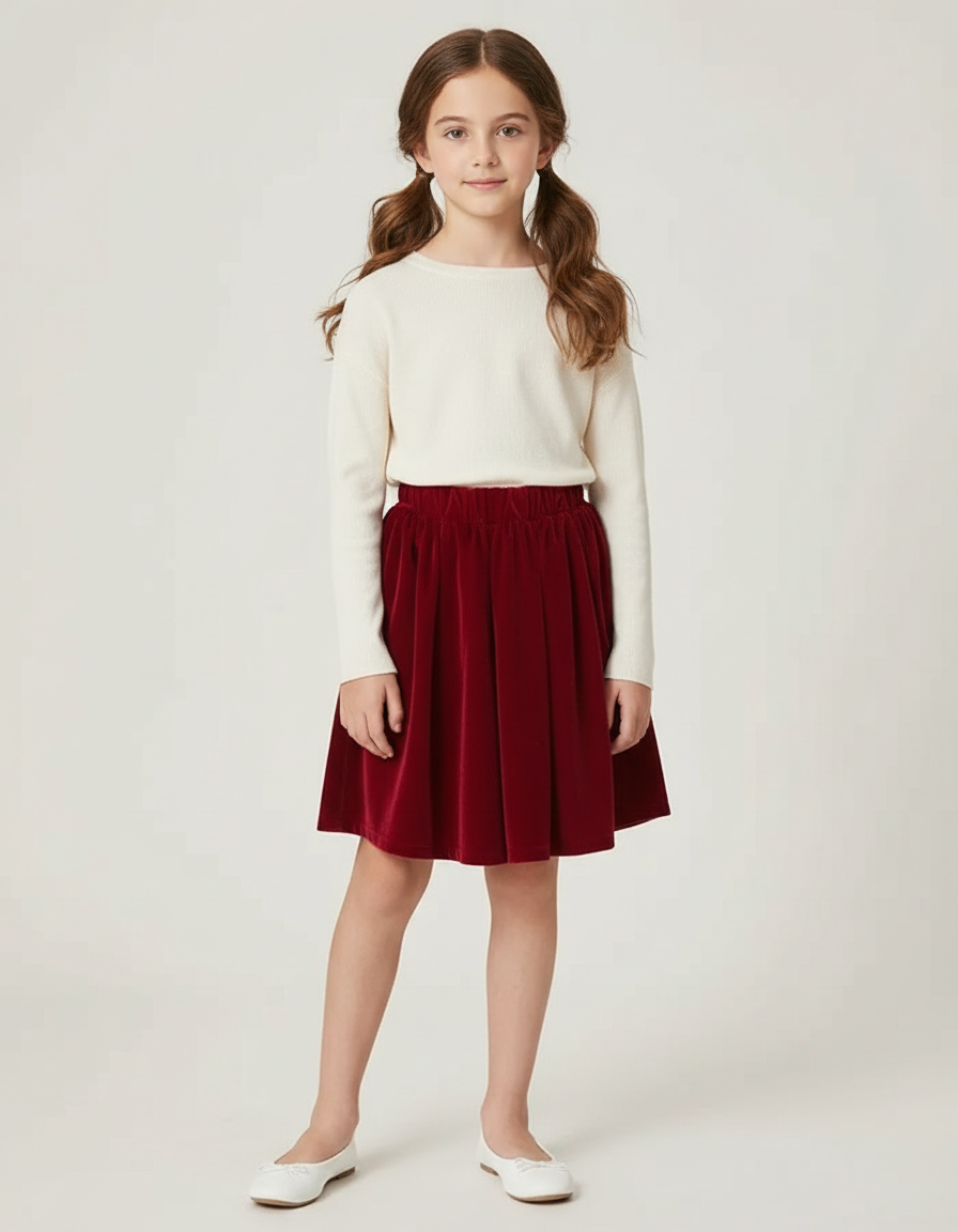 Pantalon Jupe Rouge Velours Plissé Fille Élégant - Bordeaux