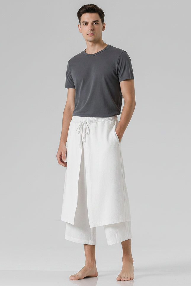 Pantalon Jupe Culotte Homme - Blanc Lin