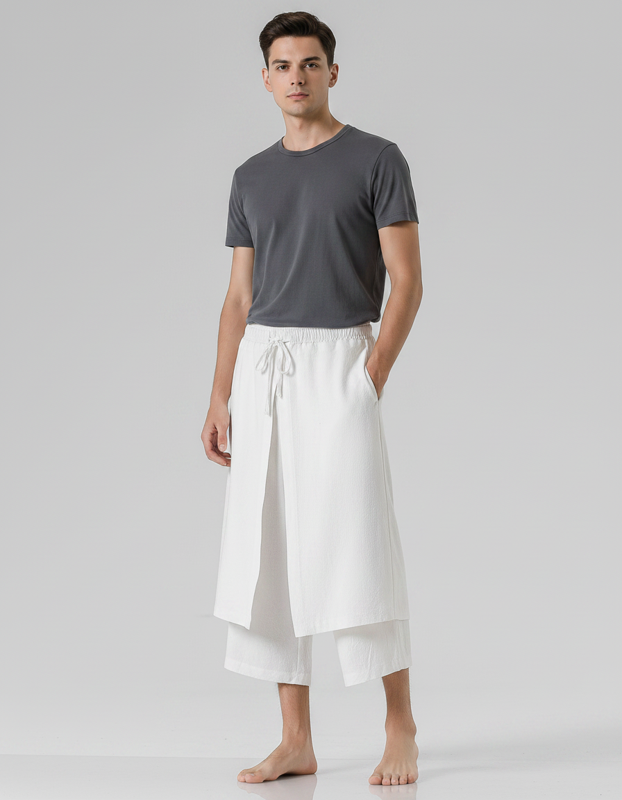 Pantalon Jupe Culotte Homme - Blanc Lin
