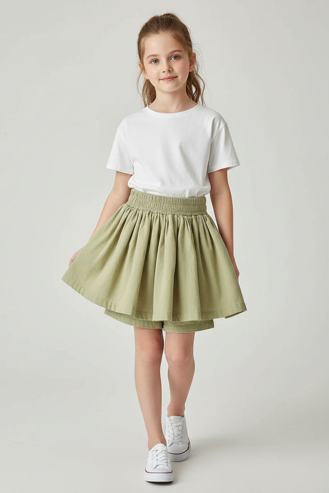 Pantalon Jupe Vert Plissé Ample Enfant Coton - Kaki