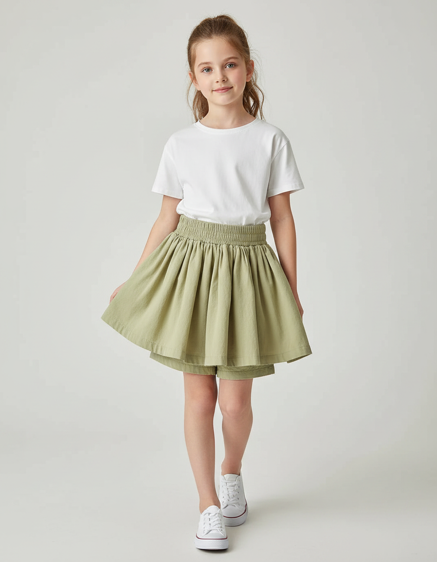 Pantalon Jupe Vert Plissé Ample Enfant Coton - Kaki